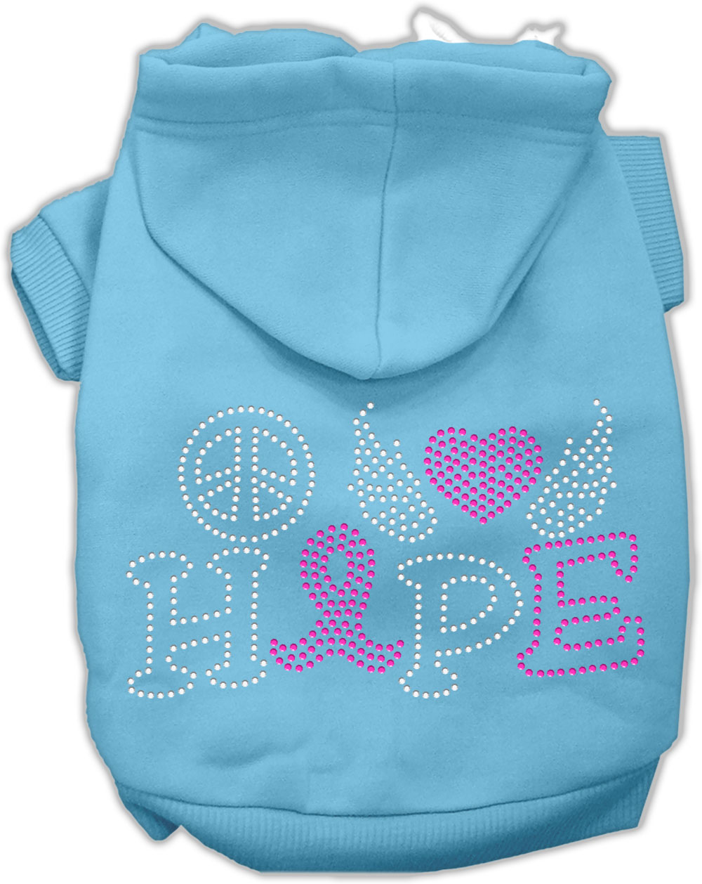 Peace Love Hope Breast Cancer Rhinestone Pet Hoodie Baby Blue Sm