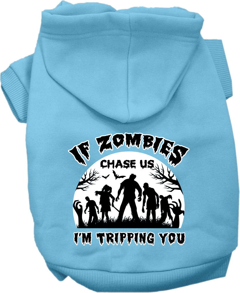 If Zombies Chase Us Screen Print Dog Hoodie Baby Blue Size Sm