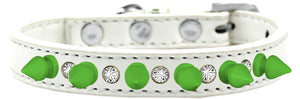 Crystal And Neon Green Spikes Dog Collar White Size 10