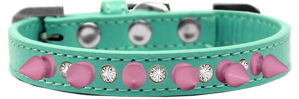 Crystal And Light Pink Spikes Dog Collar Aqua Size 10