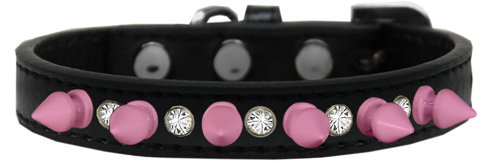 Crystal And Light Pink Spikes Dog Collar Black Size 10