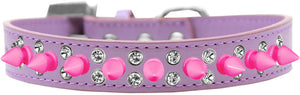 Double Crystal And Bright Pink Spikes Dog Collar Lavender Size 20