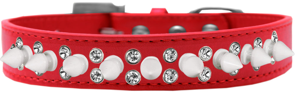 Double Crystal And White Spikes Dog Collar Red Size 12