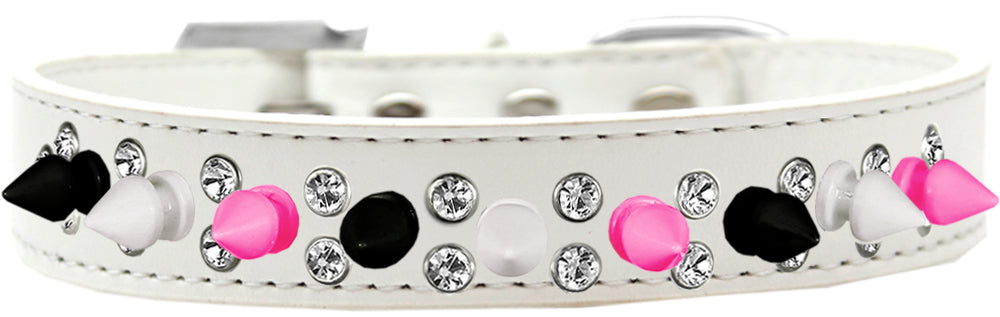 Double Crystal With Black, White And Bright Pink Spikes Dog Collar White Size 12