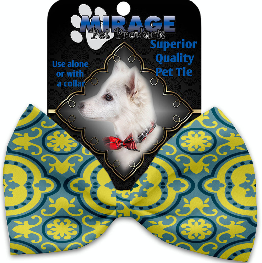 Blue And Yellow Moroccan Patterned Pet Bow Tie Collar Accessory With Velcro