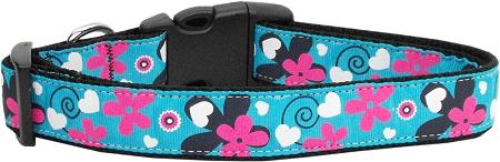 Aqua Nylon Ribbon Dog Collar and Leash in Hearts and Flowers Pattern - staygoldendoodle.com