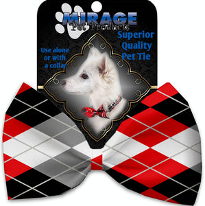 Red And Grey Argyle Pet Bow Tie Collar Accessory With Velcro